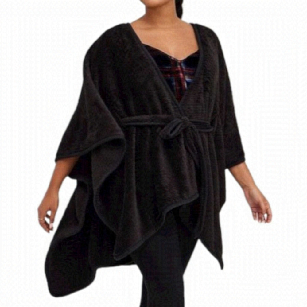 TORRID Plus Size NEW Belted Ruana Black Cozy Teddy Knit Tie Sweater Wrap